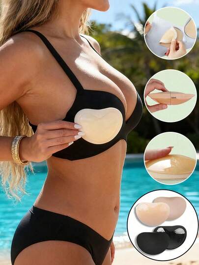 2/4 miếng đệm ngực silicon tự dính màu đen, mỏng và dày, vô hình, thích hợp cho áo tắm bikini, giúp nâng ngực, miếng đệm ngực màu trơn.