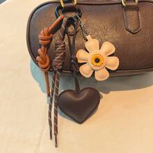 1PC Girl -Style DIY Bag Pendant, Leather Braided Rope Flower Heart Ornament, Car Keychain Pendant - 米色 - 查看 1