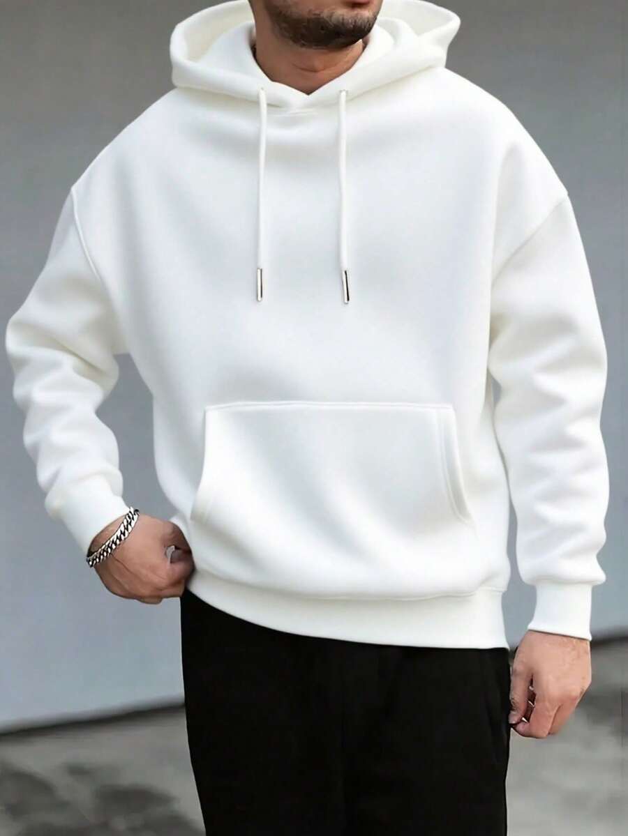 Men's Fashionable Solid Color Thermal Lined Hooded Sweatshirt, Long Sleeve Top - White - View 1
