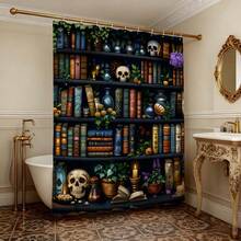 神秘魔法书架骷髅头浴帘，防水防霉涤纶材质，适用于浴室装饰，暗黑哥特风浴室配件，带挂钩，加厚隐私帘，适用于淋浴房和浴缸，易于安装、清洁、快干，浴室隔断帘，适用于家庭、酒店、公寓、水疗中心，时尚女巫图案浴帘，不褪色防水浴室帘，必备淋浴配件 - 黑色 - 查看 6