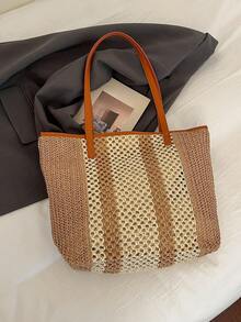 Bolso de playa de paja de verano, bolso de gran capacidad, cesta de la compra, bolso de mano, estilo de vacaciones, versátil y sencillo, bolso de mujer con múltiples bolsillos, adecuado para vestidos, compras, viajes, almacenamiento, bolso de mimbre - Caqui - Ver 7