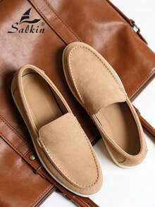 设计师时尚男士莫卡辛鞋，纯色绒面单脚套脚乐福鞋，男士真皮鞋，绅士商务社交鞋，男士日常办公派对婚礼鞋，情侣约会鞋，浪漫晚餐鞋，节日礼物鞋，返校学生休闲鞋，学院风，请选择大一码的尺码。 - 卡其色 - 查看 7