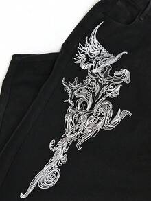1 chiếc quần jeans ống loe dáng rộng in họa tiết Gothic cổ điển, quần jeans ống phồng phong cách đường phố cá tính, phù hợp mặc hàng ngày, ở nhà và du lịch, unisex. - màu đen - Xem 6