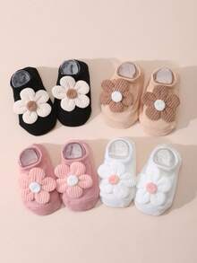4 Pasang Kaos Kaki Pendek Motif Bunga untuk Bayi/Balita Perempuan, Warna Polos, Sol Anti Selip, Cocok untuk Semua Musim - MultiWarna - View 3