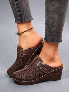 Vintage Hollow Out Mule Shoes, Adjustable Buckle Design, Thick Platform, Breathable, Soft Sole Non-Slip Slip-On Sandals - Coffee Brown - View 5