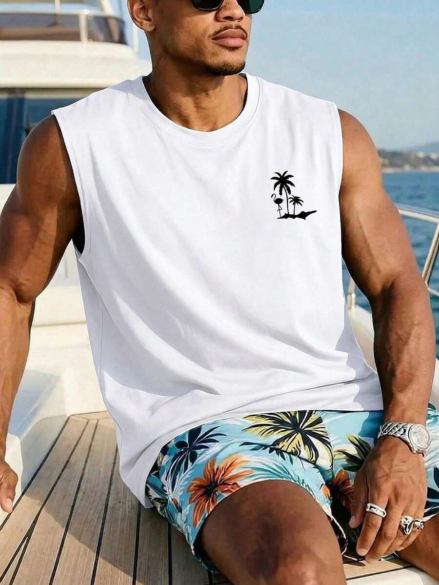 1件男士休闲椰树印花圆领背心，夏季 - 白色 - 查看 1