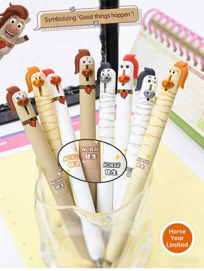 قلم حبر جاف قابل للسحب سريع الجفاف بشكل حصان 1 قطعة/4 قطع، قرطاسية محدودة الإصدار لعام الحصان، قلم أسود 0.5 مم سريع الجفاف لتخفيف التوتر