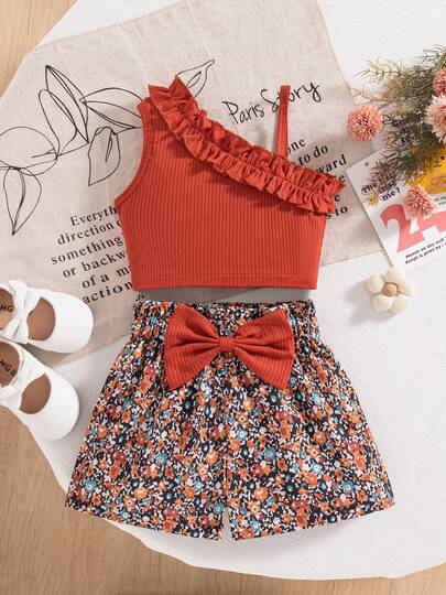 Young Girls Ruffle Trim Sleeveless Camisole Top + Sunflower Print Bow Shorts Set