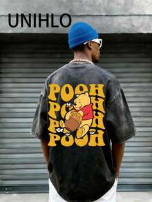 Disney UNIHLO   Winnie The Pooh  Printed Summer Heavyweight Retro Washed Street Fashion Casual T-Shirt - màu đen - Xem 2