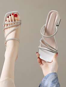 Women's White Thick Heel Square Toe Slip-On Sandals, Summer New Rhinestone Beach Criss-Cross Rhinestone Strap Beach Sandals, Mid-Heel Minimalist Casual Sandals, White - White - View 6