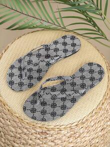 女士字母印花人字拖，休闲平底凉鞋，露趾沙滩度假夏季拖鞋 - 藏蓝色 - 查看 7