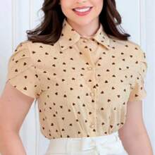 Women's Evangelical Dress Blouse With Heart Print - Beige - View 2