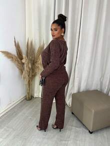 Women's Winter Set In Ribbed Wool Knit – Long-Sleeved Blouse And Pants With Functional Pockets And Elastic Back | Comfortable Casual Elegant Autumn/Winter Look - 鏽棕色 - 查看 2