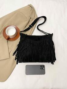 新款纯色时尚个性流苏女士手提包，大容量单肩斜挎水桶包 - 黑色 - 查看 3