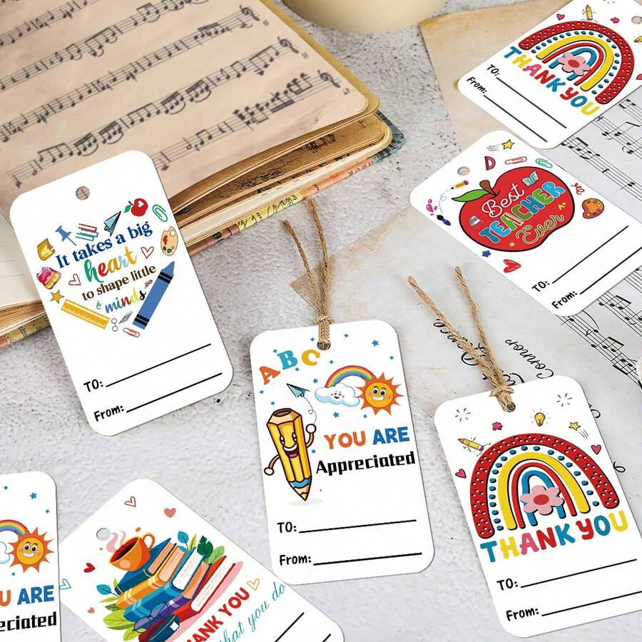 50pcs Teacher's Day Gift Tags With Jute Rope, End Of School Year Thank You Teacher Labels, Bulk Graduation Party Favor Tags, Creative Student Teacher Gift - View 1