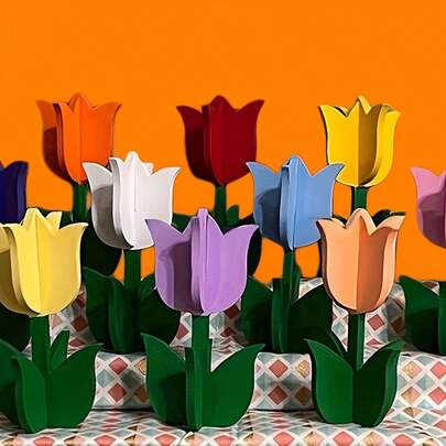 20pcs Wooden Tulip Shaped Decor, DIY Craft Desktop Decoration, 3D Floral Painting, Light Beige Natural Wood, Layered Tray Desktop Signage, Ideal For Spring Home Decor, Party Items, Creative Handicrafts, Floral Puzzles