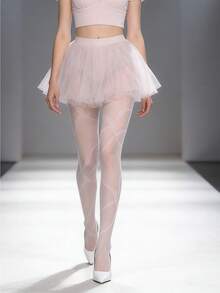 1双女士提花丝袜，黑色缎带印花薄丝袜，纯白色防勾丝薄丝袜，哥特朋克亚文化丝袜 - 彩色 - 查看 4