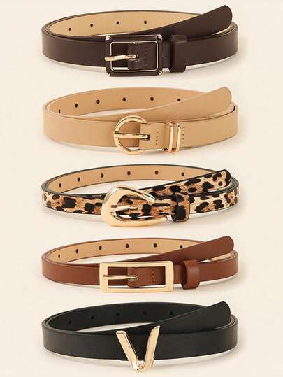 5pcs/Set Women's Minimalist Versatile Retro Skinny Belt, Elegant Academic Style Waist Decoration For Skirts, Casual Jeans