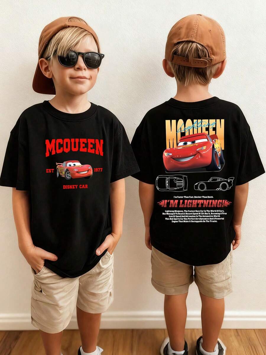 Disney-Disney Pixar Cars Lightning McQueen Co-Branded Kids' Short Sleeve T-Shirt With Front And Back Double-Sided Print Design, Loose Drop Shoulder Fit, Breathable Pure Cotton Boys' Summer Top - 黑色 - 查看 1