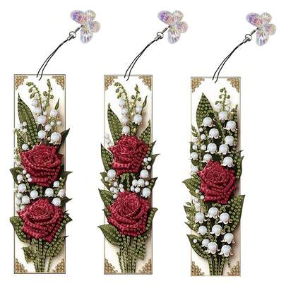 Bộ 3 tranh đính đá tự làm (DIY) dùng làm bookmark - Thiết kế hoa hồng, trang trí khảm nhiều màu sắc.
