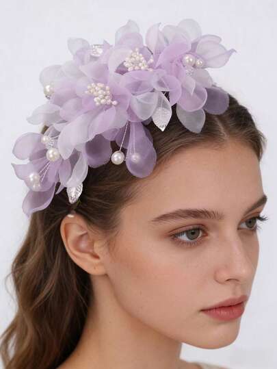 1 pieza Accesorio para el cabello con clip de encaje floral multicolor hecho a mano de gasa, accesorio para tocado de novia, decoración de flores de seda de estilo vintage elegante