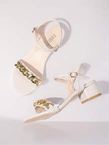 1 Pair Summer Fashion Elegant Minimalist Open Toe Low Heel Ankle Strap Sandals For Teenagers - Beige - View 1