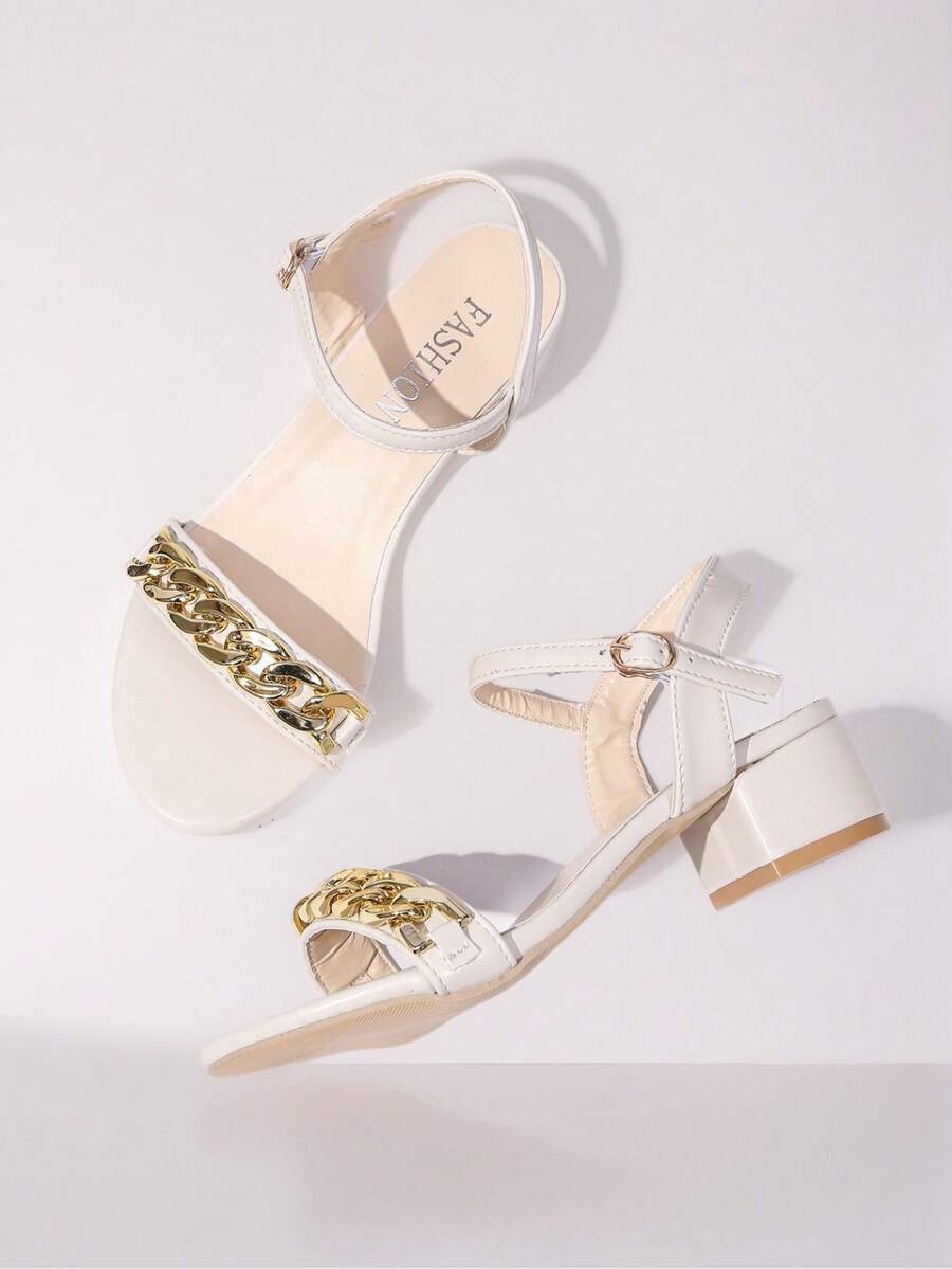 1 Pair Summer Fashion Elegant Minimalist Open Toe Low Heel Ankle Strap Sandals For Teenagers - Beige - View 1