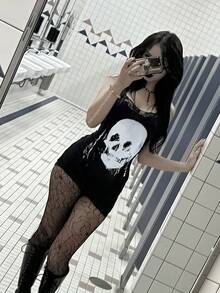 Gothic-Style Sexy Skull Print Lace Trim Slim-Fit Mini Camisole Dress, Backless Sleeveless Short Dress, Women's Summer Fashion Halloween Outfit - 黑色 - 查看 3