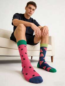 1双双面男士粉色和蓝色西瓜图案中筒袜，四季皆宜 - 彩色 - 查看 6