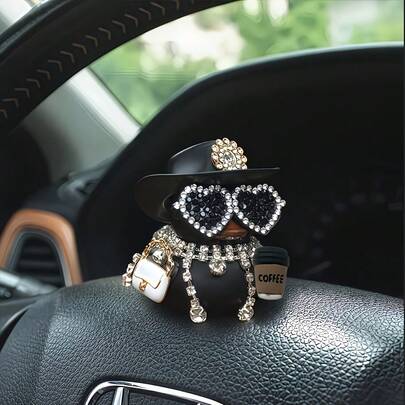 1pc Cute Black Duck Car Accessory, Wearing Fashionable Glasses, Hat And A Small Bag, Charming And Stylish! An Interesting Duck With Glasses, Necklace And Backpack To Add Flair For Women
