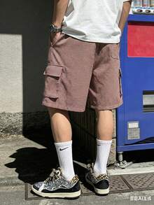 Men's Red Plaid Multi-Pocket Cargo Shorts, American Vintage Loose Drawstring Bermuda Shorts - Red - View 3