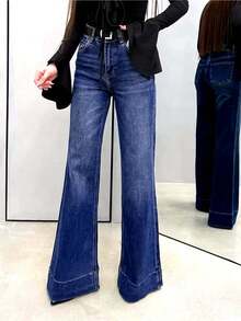 Women's Pocket Button Casual Everyday Commute Flare Jeans Spring - Dusty Blue - View 3