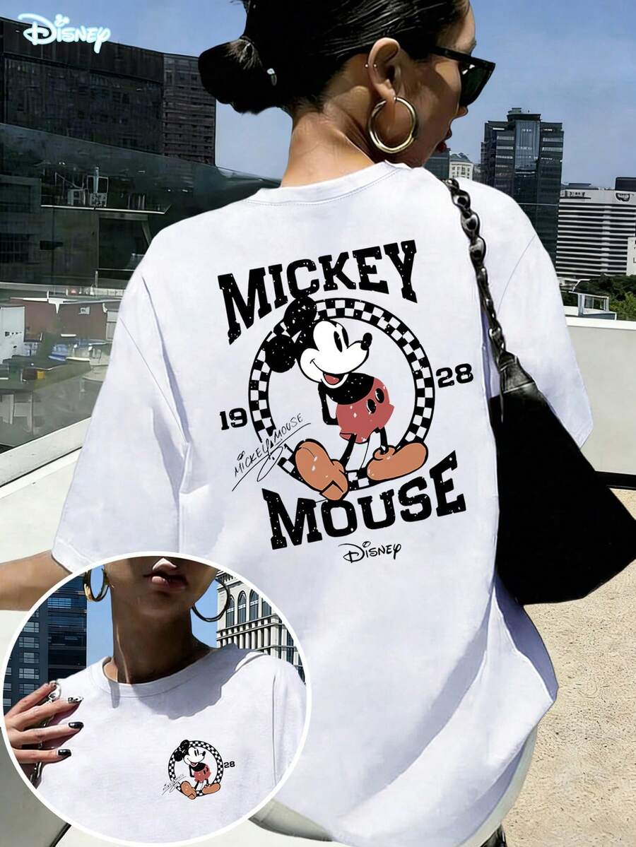Disney Loose Fit Retro Vintage Vintage "MICKEY MOUSE 1928" Checkerboard Printed T-Shirt, Suitable For Summer And Spring, Short Sleeved Top, Women's Clothing, Holiday Gift Party Clothing. - White - View 1