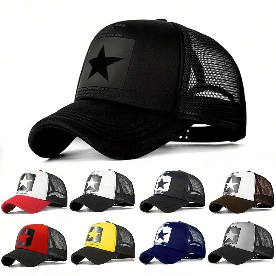 1 Piece Women's Five-Pointed Star Baseball Cap, Adjustable Casual Hat, Spring/Summer Trucker Hat - 黑色 - 查看 1