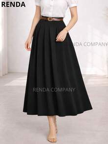 Women's Elegant High-Waisted Midi Skirt With Belt, Evangelical Fashion, Classic Social Style - 黑色 - 查看 3