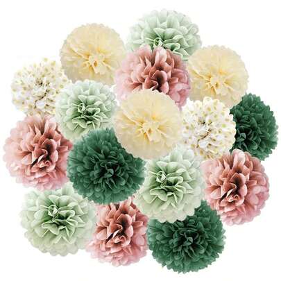 1套（16个） - DIY绒球纸花，粉绿金点混合纸花球，春季派对背景墙装饰，婴儿派对，生日装饰用品，婚礼情人节浪漫背景装饰
