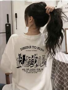 日系女式夏季宽松时尚字母卡通猫印花短袖T恤 - 白色 - 查看 1