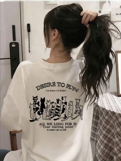 日系女式夏季宽松时尚字母卡通猫印花短袖T恤