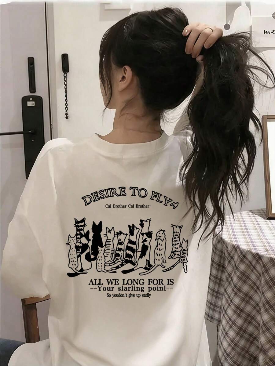 日系女式夏季宽松时尚字母卡通猫印花短袖T恤 - 白色 - 查看 1