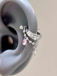 1pc 316L Stainless Steel Star & Cubic Zirconia Dangle Helix Earring, Y2K Punk Style Cartilage Piercing Jewelry For Women - Silver - View 6