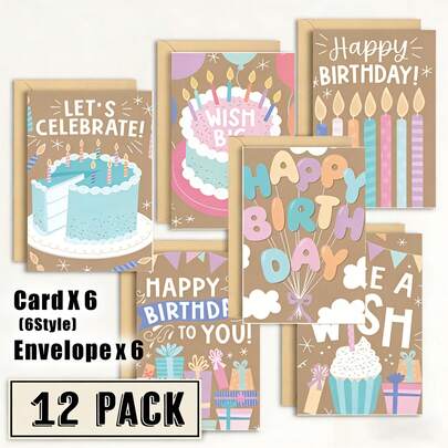 12pcs Birthday Greeting Cards With Envelopes, 6 Unique Text Designs With Colorful Illustrations. Suitable For Sending To Mom, Dad, Friends, Classmates, Boys, Girls. Applicable For Birthday, Graduation Party, Celebration, Mother's Day, Thank You Cards. High-Quality Paper Material.