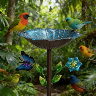 1pc Spring/Summer Courtyard Iron Bird Bath, Butterfly Decor Ground Inserted Bird Bath, Outdoor Garden Decor Ground Inserted Bird Feeder, Family Birdwatching Holiday Item, Mother's Day Garden Gift