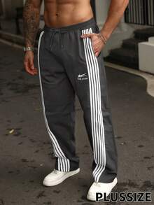 OMNIVOLUME Plus Size Men's Straight Leg Loose Fit Striped Casual Sweatpants Sports - Grey - View 6