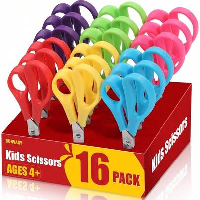 16Pack 5.5 Safety Small School Student Round Tip Scissors Bulk, Stainless Steel Blades Comfort Grip Scissors Kid Children Kindergarten Cutting Paper