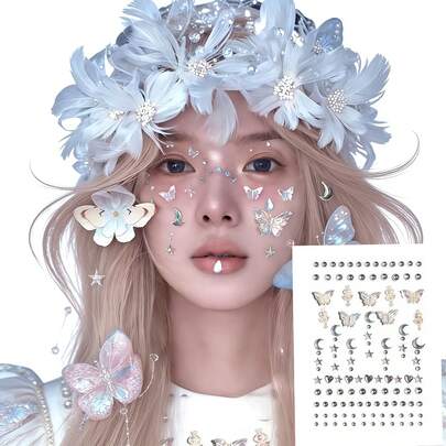 Hình dán kim cương lấp lánh Aurora 3D cho mặt, phụ kiện trang điểm, phụ kiện dán mặt, hình dán ngọc trai lấp lánh cho buổi hòa nhạc, biểu diễn.