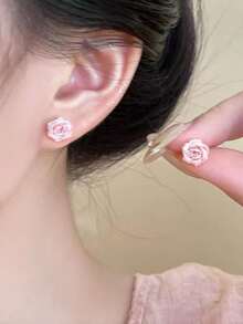1 Pair Fashionable Petite Elegant Cute Niche Versatile Rose Flower Stud Hoop Earrings, Suitable For Women's Daily, Festival, Date Wear - Roses - View 1
