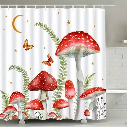 奇趣红色蘑菇蝴蝶浴帘 - 高品质涤纶面料，带挂钩，70.8x70.8 英寸，迷人的夜空森林设计，点缀着星星和新月，可机洗，适合四季浴室装饰，乡村农舍风格浴帘，季节性装饰，卡通风格，易于安装，家居饰品，家居装饰，星空图案，易护理面料，自然爱好者