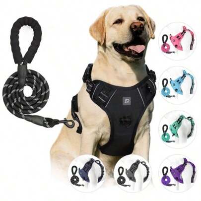 Large Dog Harness, Anti-Pulling Pet Chest Strap With 2 Leash Clips, Adjustable Soft Padded Dog Vest, Reflective Oxford Cloth Harness With Easy-Control Handle, Suitable For Large Dogs