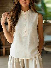 Women's Casual Shirt, Elegant Vacation Style Sleeveless Mandarin Collar Shirt, Single-Breasted Pullover, Loose Summer Commute Casual Artistic Vacation Style Top, Slimming Concealing Flesh Daily Elegant Versatile Breathable Summer Wear - Off White - View 1