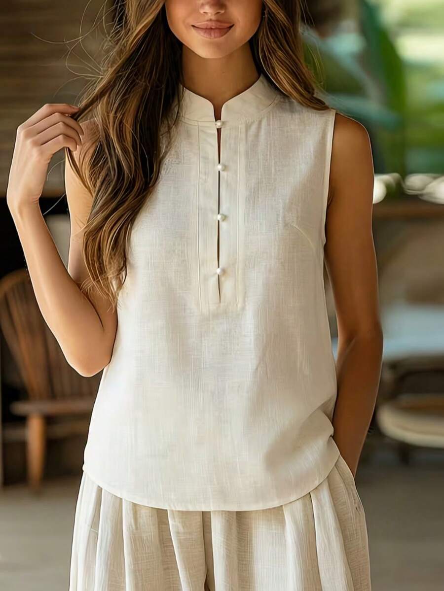 Women's Casual Shirt, Elegant Vacation Style Sleeveless Mandarin Collar Shirt, Single-Breasted Pullover, Loose Summer Commute Casual Artistic Vacation Style Top, Slimming Concealing Flesh Daily Elegant Versatile Breathable Summer Wear - Off White - View 1